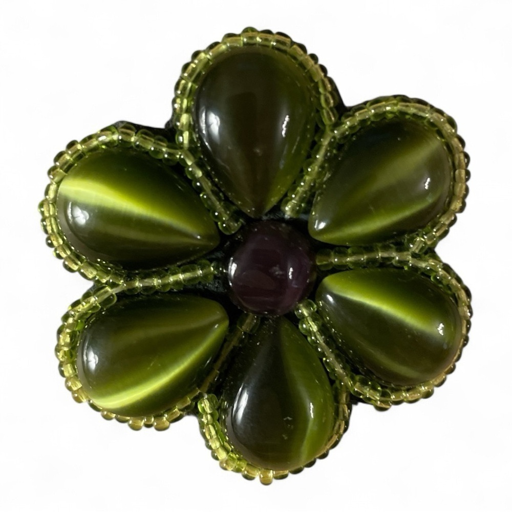 Green And Purple Cat Eye Styled Flower Brooch